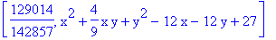 [129014/142857, x^2+4/9*x*y+y^2-12*x-12*y+27]